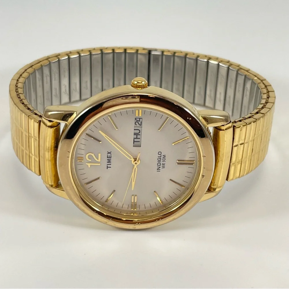 Timex Indiglo Gold / White Face Day/Date Watch WR30M